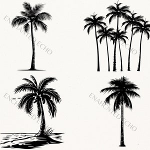 K&ouml;nnte beinhalten: Silhouetten von vier Palmen, wobei sich eine Palme auf der linken Seite des Bildes und drei Palmen auf der rechten Seite des Bildes befinden. Die Palmen sind alle schwarz vor einem wei&szlig;en Hintergrund.
