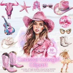 Pink Coastal Cowgirl Clipart I Set of 32 Images I Girly Clip Art Bundle, Bachelorette Digital Download, Watercolor Western Aesthetic