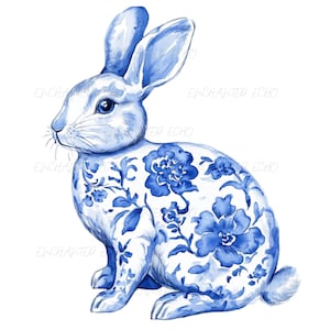 Chinoiserie konijn png - blauw Victoriaans patroon konijntje png - trendy konijn png - coquette esthetische blauwe toile haas png - bloemenblauw png