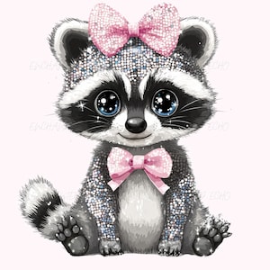 Rosa Waschbär Bogen Png - Kokette Waschbär Clipart Funkelnde Glitzer Rosa Schleife Glitzer Niedlich Waschbär Sublimation Wald Baby Waschbär-Liebhaber Png