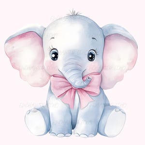 Lindo bebé elefante clipart - Elefante con lazo rosa para guardería, PNG, gráfico de elefante de acuarela para primer cumpleaños, safari en la jungla, baby shower clipart