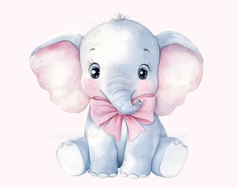 Watercolor Pink Baby Elephant Clipart – Coquette Pink Bow Animal Safari Nursery PNG
