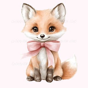 Joli bébé renard Png - Joli animal des bois rose noeud pépinière Clipart bébé fille fête d'anniversaire graphique aquarelle nouveau-né bébé douche Clipart