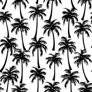 May include: A seamless pattern featuring black palm trees against a white background. The tropical design showcases stylized silhouettes of palm trees, creating a repeating motif. This pattern is suitable for various applications, including fabric, wallpaper, and digital designs.