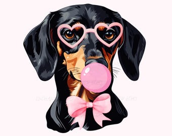 May include: A black and brown dachshund wearing pink heart-shaped sunglasses and a pink bow tie, blowing a pink bubble.
