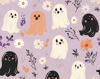 Motivo di fantasmi di fiori selvatici per Halloween - Motivo floreale senza soluzione di continuità con fantasmi in stile cottagecore boho