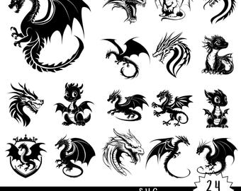 Dragon Silhouette SVG & PNG Bundle 24 Magical Dragon Graphics Dark Fantasy