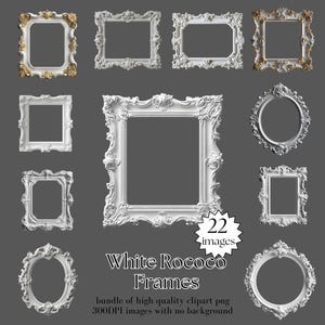 Białe ramki w stylu rokoko Clipart - 22 PNG Antyczne ramki w stylu vintage - Clipart ramki do zdjęć - Barokowe wiktoriańskie złote ramki do pobrania natychmiast