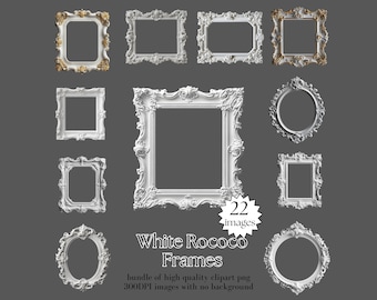 White Rococo Frames Clipart Bundle – Antique Gold Victorian Frames PNG, Baroque Border Sublimation