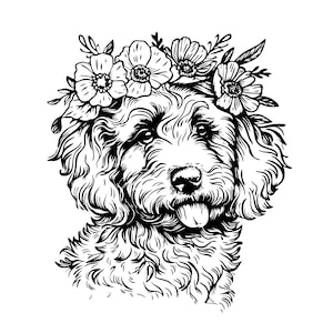 Image Goldendoodle SVG Golden Doodle avec couronne de fleurs chien fichier SVG haute qualité téléchargement numérique Golden Doodle SVG pour tasses, cartes, vêtements
