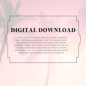 K&ouml;nnte beinhalten: Eine digitale Download-Ank&uuml;ndigung mit einem rosa und wei&szlig;en tropischen Hintergrund. Der Text lautet "DIGITAL DOWNLOAD" und erkl&auml;rt, dass Sie nach dem Kauf eine E-Mail mit einem Link zu einem Google Drive-Ordner erhalten, der die Bilder im SVG- und PNG-Format enth&auml;lt.