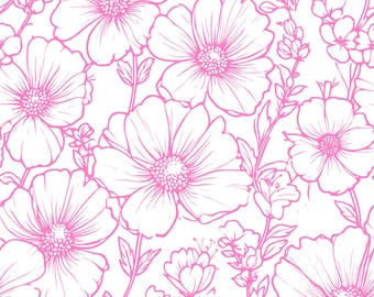 Op de afbeelding: Een naadloos patroon met een herhalend bloemmotief. Het patroon toont grote, gestileerde bloemen met roze omtrekken en centra tegen een witte achtergrond. Delicate stelen en kleinere bloemelementen vullen de ruimtes.