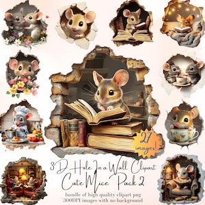 3D Loch in einer Wand Maus Clipart Bundle 2 - 27 HD PNGs - 3D Wand Maus Png, 3D Clipart, süße Mäuse Clipart, gemütliche Maus Png kommerzielle Nutzung