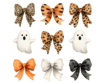 Coquette Halloween Bows Ghost PNG - Vintage Leopard Print Bows Ghosts Clipart Sublimation (Digital Download)