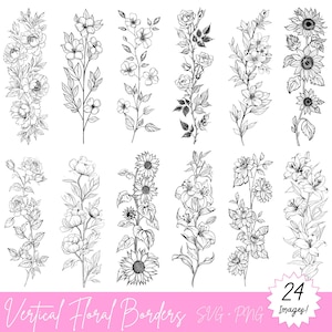 Vertikale Blumenrahmen SVG & PNG Bundle - 24 Blumenbilder, 48 Dateien insgesamt - Blumenspalten, florale Kanten, zarte florale Skizzen