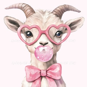 May include: A white goat with pink heart-shaped glasses and a pink bow tie is blowing a bubble. The goat has a sweet and playful expression.