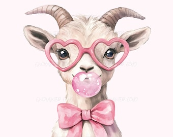 May include: A white goat with pink heart-shaped glasses and a pink bow tie is blowing a bubble. The goat has a sweet and playful expression.