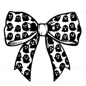 Peut inclure: Un nœud décoratif orné d'un motif répétitif de fantômes noirs sur fond blanc. Le nœud présente deux grandes boucles et deux longs pans pointus, avec un nœud central maintenant le tissu dans une forme classique et symétrique.