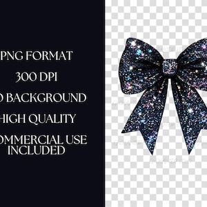 May include: A large, glittery blue bow with iridescent sparkles. The bow is tied in a classic shape with the ends of the ribbon flowing down.