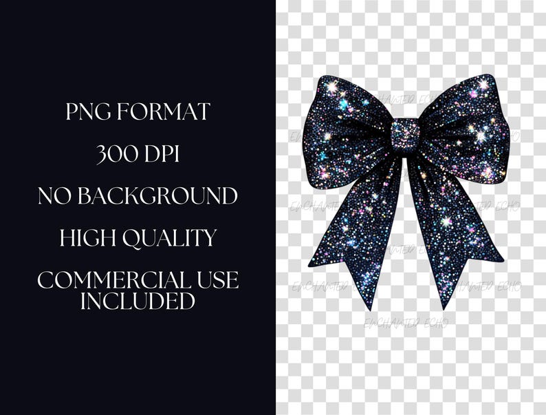 May include: A large, glittery blue bow with iridescent sparkles. The bow is tied in a classic shape with the ends of the ribbon flowing down.