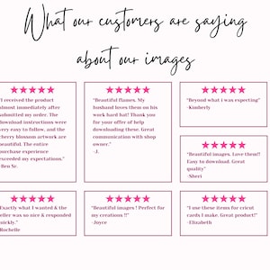 May include: A collage of customer reviews for digital images. The reviews are all positive and include quotes like "Beautiful flames. My husband loves them on his work hard hat!" and "Exactly what I wanted & the seller was so nice & responded quickly."