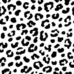 May include: A repeating pattern of black leopard print spots against a white backdrop. The spots are diverse in form and size, producing a striking and lively design. Ideal for textiles, wallpaper, and digital applications.