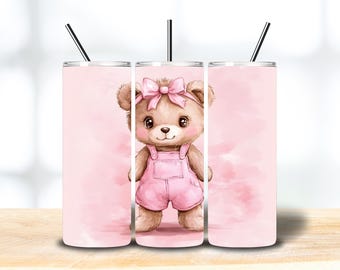 Pink Bow Baby Bear Overalls 20oz Skinny Tumbler Wrap: Seamless Coquette Nursery PNG (DigitalDownload)