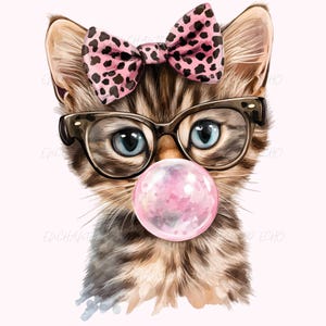 Chat rose Bubble Png Imprimé léopard Noeud Png Chat tigré Png Amoureux des chats Png Bubble Gum Png Chaton avec des lunettes Png Chat impertinent Png Bubble Gum Png