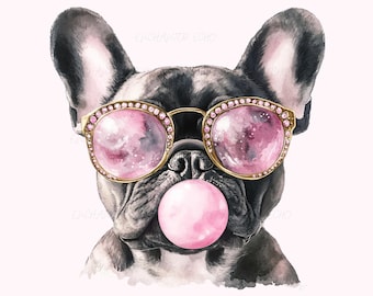Pink French Bulldog Bubble Gum PNG - Frenchie Sunglasses Clipart, Bull Dog Lover Sublimation (DigitalDownload)