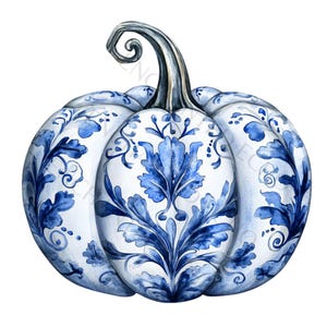 Bella zucca autunnale PNG, zucca floreale blu PNG sublimazione, zucca acquerello blu PNG, zucca autunnale Clipart, zucche di tela Clipart