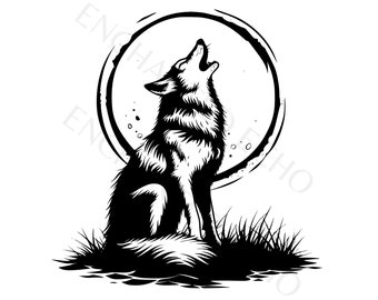 Howling Lone Wolf Silhouette SVG & PNG Set, Wild Coyote Moon Clipart, Commercial Use