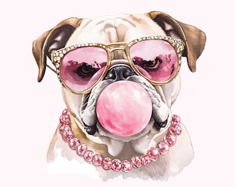 Bulldog Dog Pink Bubble Gum Png Rose Sunglasses Necklace Coquette Sublimation