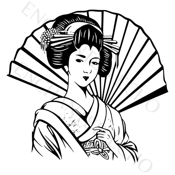 Pretty Geisha Svg, Vintage Girl With Fan Png, Japanese Clipart