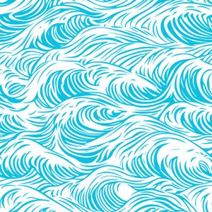 Könnte beinhalten: Nahtloses Muster mit stilisierten blauen Wellen auf weißem Hintergrund. Das Design verwendet geschwungene Linien, um Bewegung und Tiefe zu erzeugen, was ein organisches Gefühl vermittelt. Das Muster eignet sich für verschiedene Anwendungen.