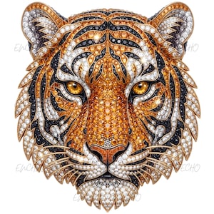 May include: A decorative tiger head brooch featuring an intricate mosaic of sparkling orange, black, and clear crystals. The design captures the feline's facial features with detailed stripes and piercing amber-colored eyes, all set in a gold-tone frame.