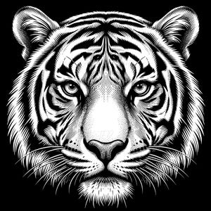 May include: A high-contrast black and white graphic illustration of a tiger head facing forward. The artwork features detailed line work and stippling to define the fur texture, facial stripes, whiskers, and intense eyes against a solid black background.