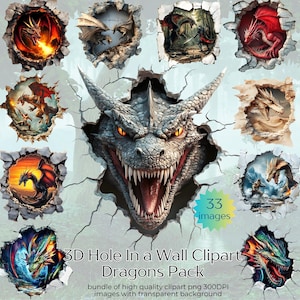 Dragons 3D Hole in a Wall Clipart Bundle - 33 PNGs HD - Fantasy Dragon Adventure Medieval Knights Png, 3D Fantasy Clipart, Commercial Use