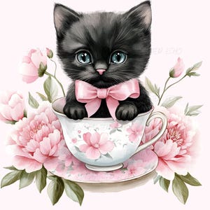 Aquarelle chaton en clipart tasse de thé - adorable minou Png pivoine rose chat Png imprimable Floral dos chat Tea Party Art vintage tasse à thé graphiques