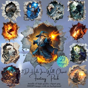 Fantasy 3D Hole in a Wall Clipart Bundle - 29 PNGs HD - Adventure Medieval Knights Dragons Wizard Png, 3D Fantasy Clipart, Commercial Use
