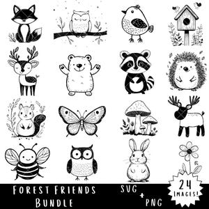 Paquete SVG y PNG de Forest Friends - Paquete de 24 archivos SVG y Png de bosque para niños, 48 archivos en total - Paquete Baby Nature Lover - Bosque lindo de guardería