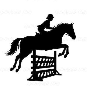 May include: A black silhouette graphic of a rider on horseback jumping over a hurdle. The rider wears a helmet and is positioned on the horse's back. The horse is mid-air with its legs tucked, clearing the horizontal rails of the jump.