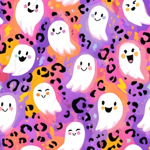 May include: A colorful pattern featuring white cartoon ghosts with smiling faces, set against a vibrant background of purple, orange, and pink hues. The design includes black leopard print spots and yellow lightning bolt accents, creating a playful Halloween theme.