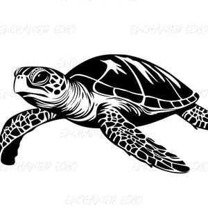 Puede incluir: Silueta en blanco y negro de una tortuga marina nadando con la cabeza girada hacia un lado. La tortuga tiene un caparazón y aletas detalladas.