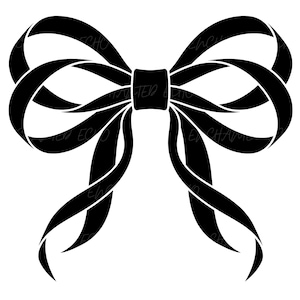 May include: A solid black graphic illustration of a decorative bow featuring two symmetrical loops and two long, flowing ribbon tails extending downwards. The design is rendered in a flat, high-contrast style with clean, sharp edges throughout.