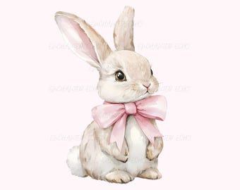 Cute Bunny Pink Bow Png Coquette Rabbit Clipart Watercolor Bunny