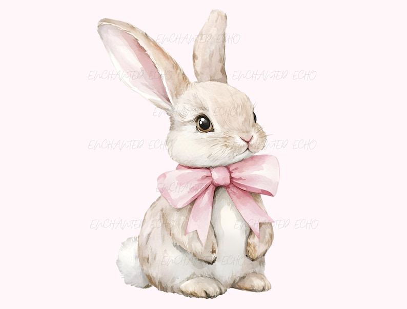 Akvarell kanin rosa rosett png - väggdekoration för barnrum, sublimering av kaninunge (digital nedladdning) bild 1
