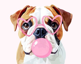 Pink French Bulldog Dog Pink Bow Coquette Bubble Gum Heart Glasses Sublimation