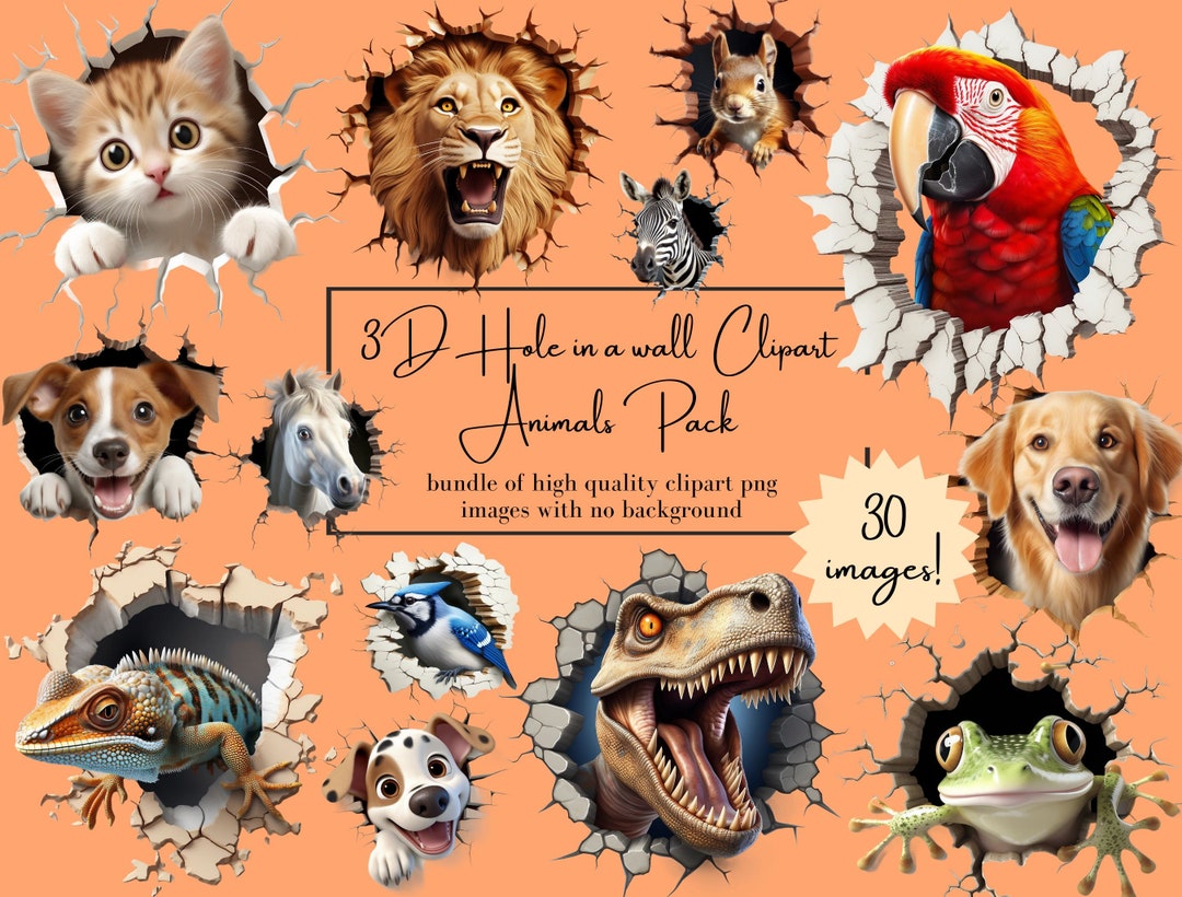 3D Wild Animals Clipart - Hole in the Wall Animal PNG (digital Download ...