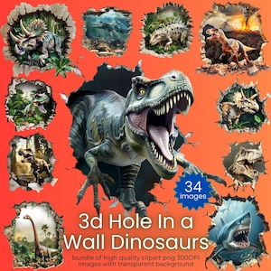 Conjunto de imágenes prediseñadas de dinosaurios en 3D con agujeros en la pared: 34 dinosaurios PNG en 3D: imágenes de criaturas jurásicas: colección prehistórica para uso comercial o personal
