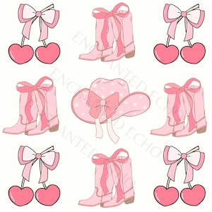 Cowgirl Kirsche Bögen Png, kommerzielle Nutzung Niedliche Kirschen Cowgirl Bogen Clipart, entzückende rosa Schleife Clip Art, Cowgirl Hut Png, Cowgirl Stiefel Png